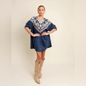 Free People Western Boho Mini Dress Embroidered Cowgirl Puff Sleeve oversized